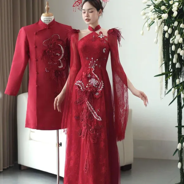 ÁO DÀI CƯỚI CẶP ĐÔI XẺ TAY THÊU LONG PHỤNG