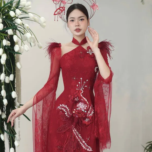 ÁO DÀI CƯỚI CẶP ĐÔI XẺ TAY THÊU LONG PHỤNG