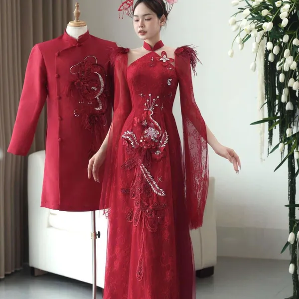 ÁO DÀI CƯỚI CẶP ĐÔI XẺ TAY THÊU LONG PHỤNG