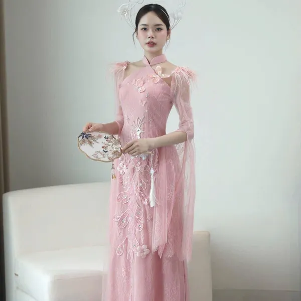ÁO DÀI CƯỚI CẶP ĐÔI XẺ TAY THÊU LONG PHỤNG
