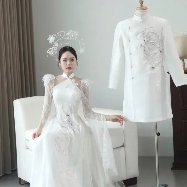 ÁO DÀI CƯỚI CẶP ĐÔI XẺ TAY THÊU LONG PHỤNG