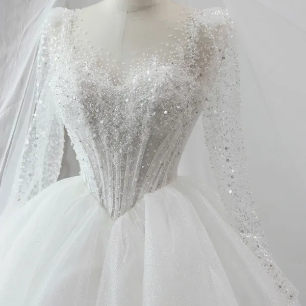 VÁY CƯỚI TAY DÀI TÙNG KIM SA ĐÍNH KẾT NHẸ NHÀNG