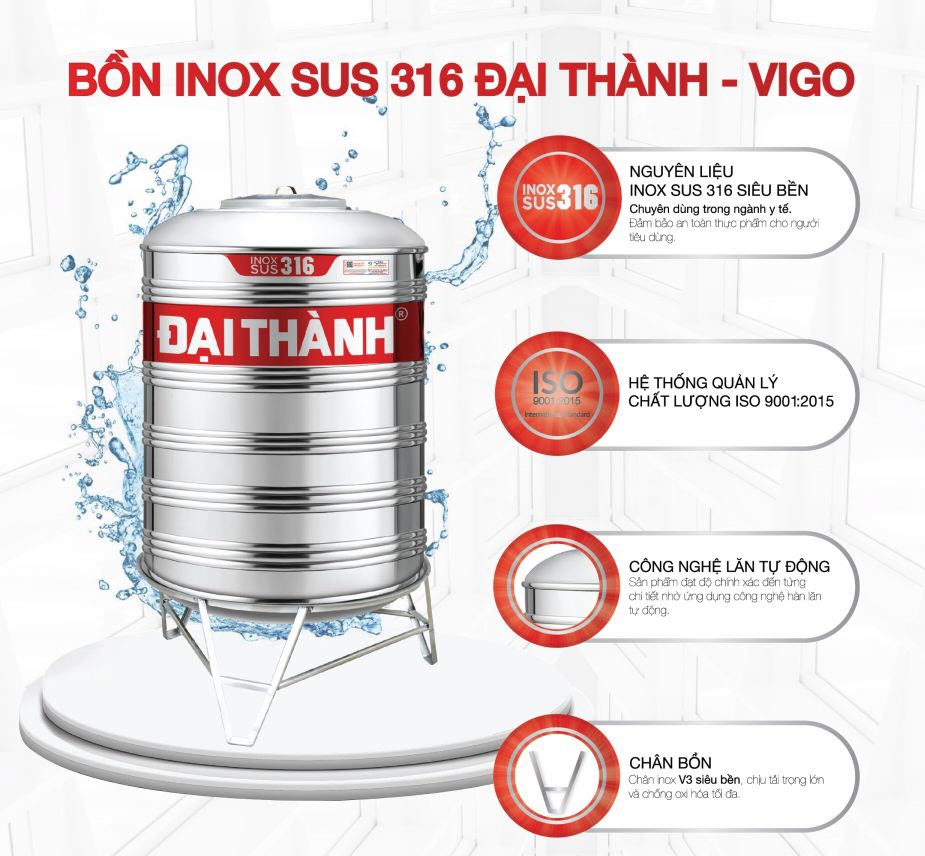 Bồn nước Đại Thành SUS 316 đứng 1500L Bồn nước Đại Thành SUS 316 đứng 1500L