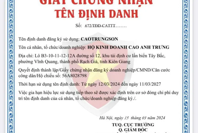 Chúc mừng Hộ Kinh Doanh Cao Anh Trung đã được cấp giấy chứng nhận tên định danh CAOTRUNGSON
