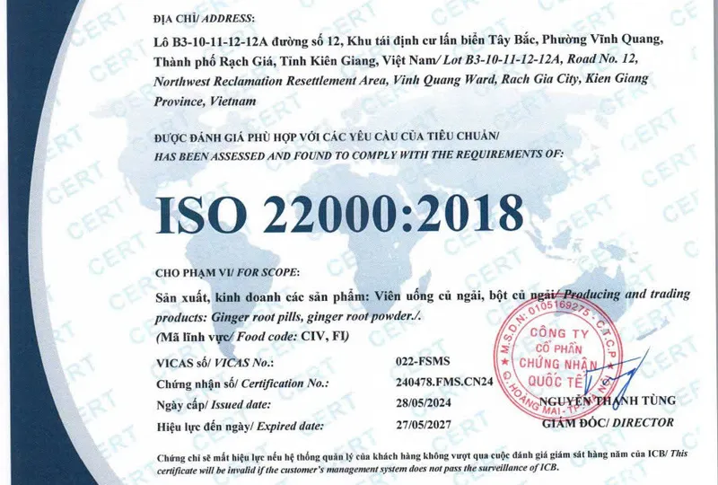 Hộ Kinh Doanh Cao Anh Trung đạt chứng nhận ISO 22000:2018 về hệ thống quản lý an toàn thực phẩm