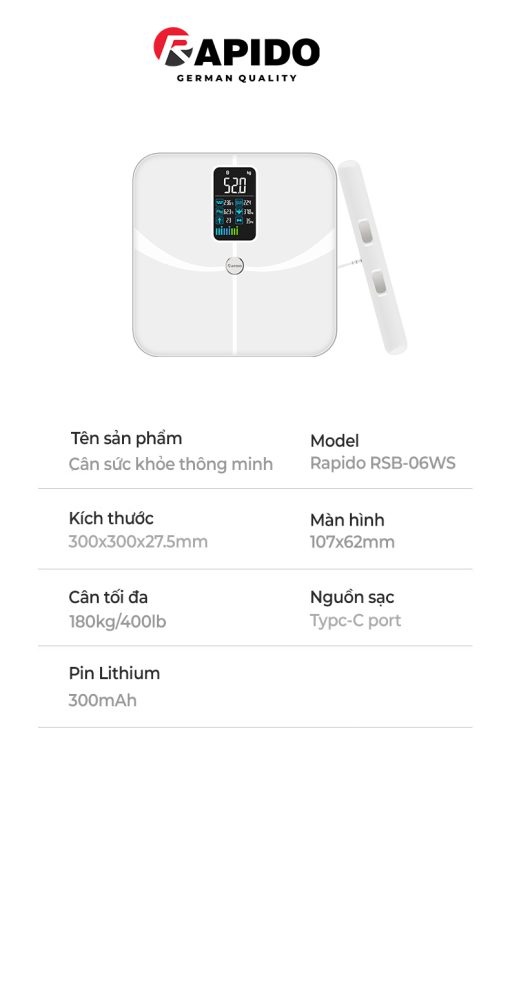 Cân sức khỏe thông minh Rapido RSB-06WS Cân sức khỏe thông minh Rapido RSB-06WS
