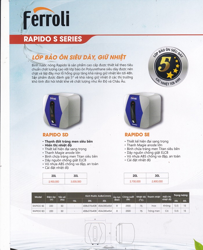 Bình nước nóng Ferroli Rapido SD 20L Bình nước nóng Ferroli Rapido SD 20L