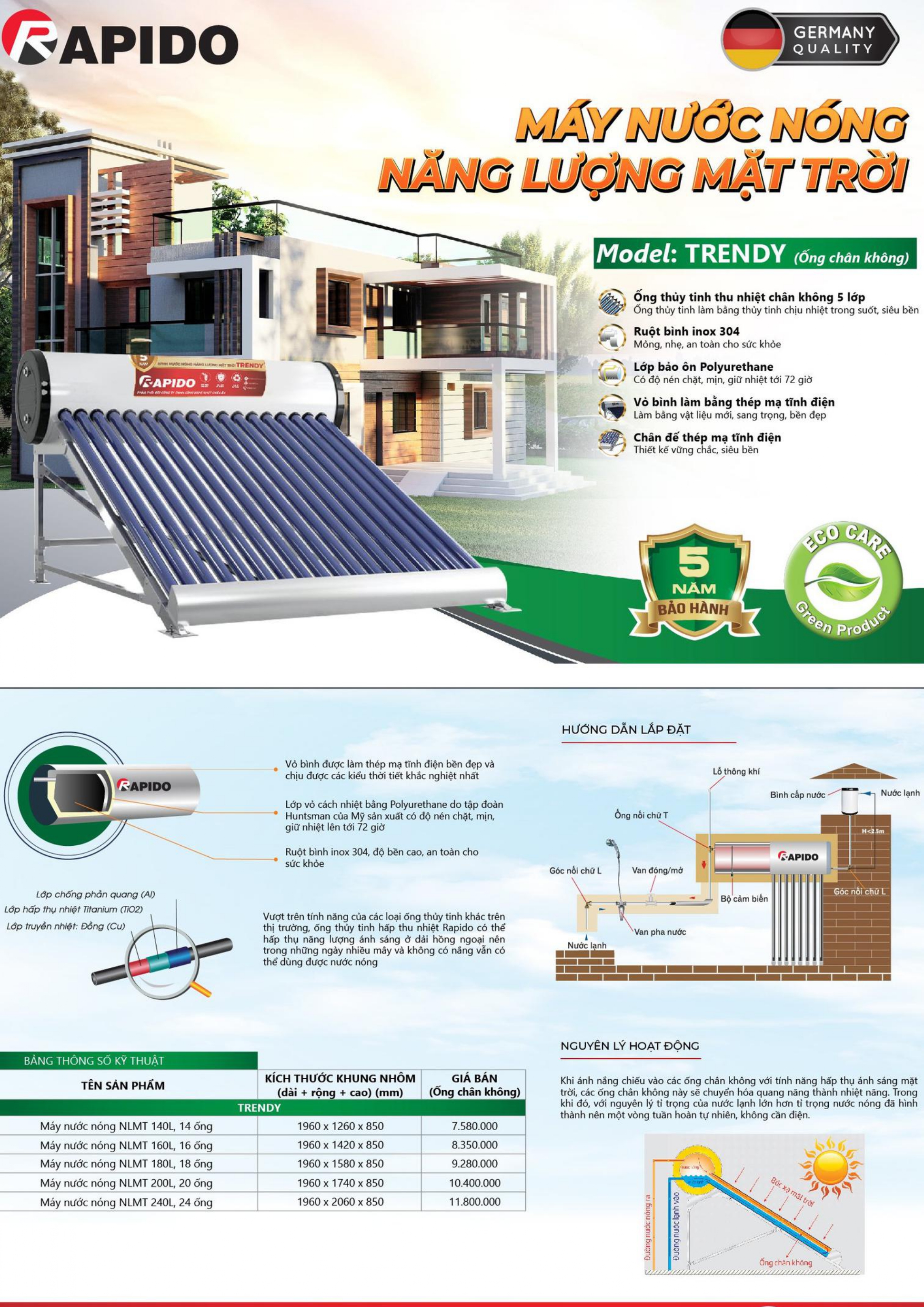 Máy năng lượng mặt trời Rapido Trendy ống chân không 160L Máy năng lượng mặt trời Rapido Trendy ống chân không 160L