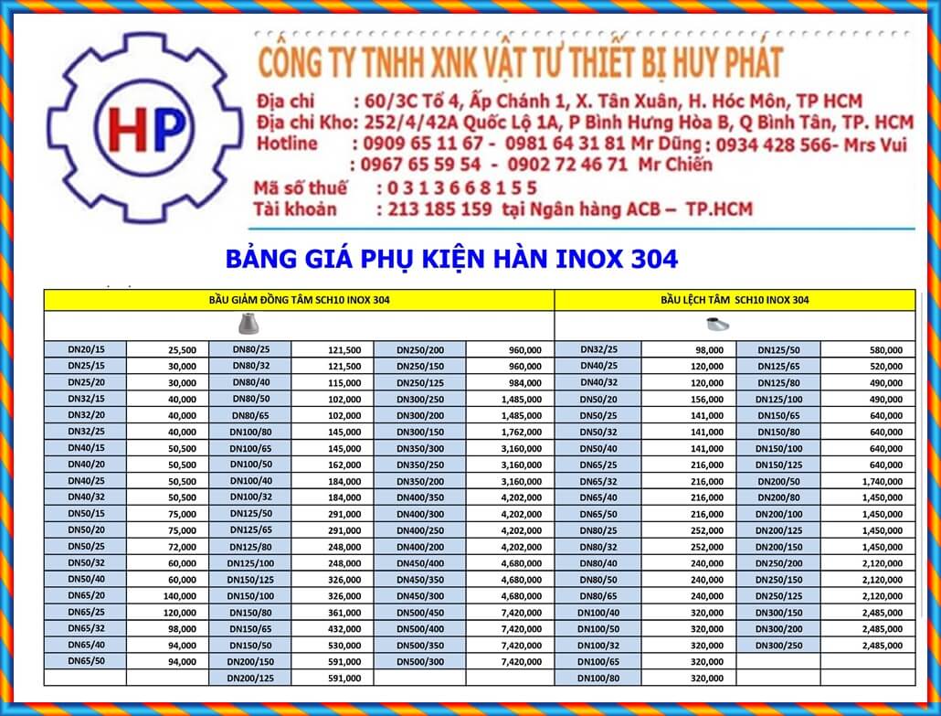 Bảng giá phụ kiện hàn inox 304 Bảng giá phụ kiện hàn inox 304