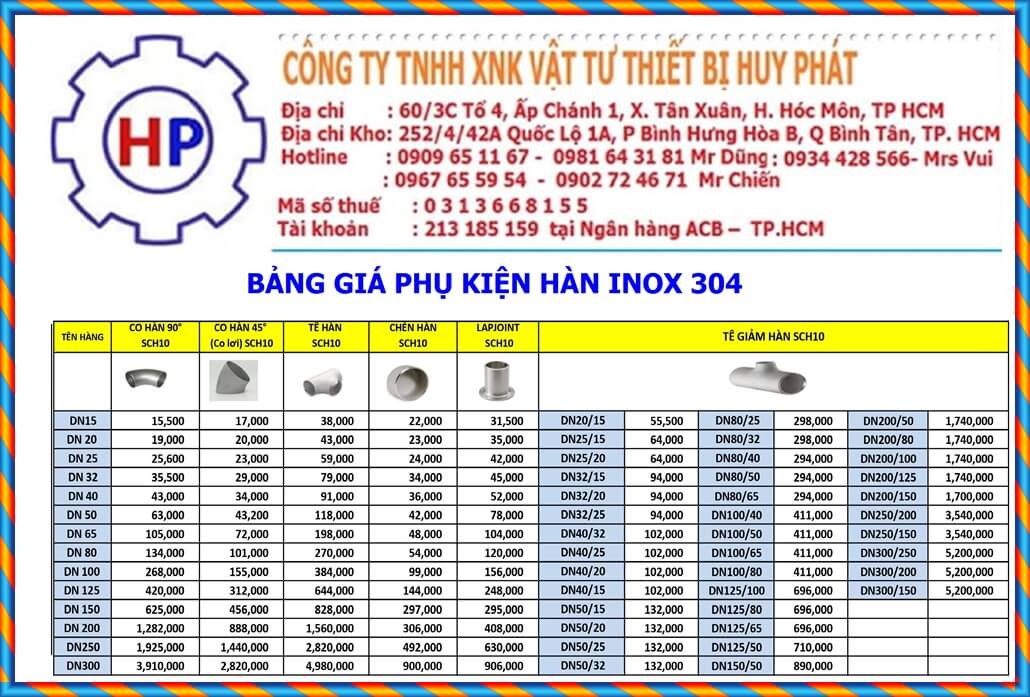 Bảng giá phụ kiện hàn inox 304 Bảng giá phụ kiện hàn inox 304