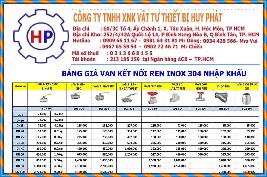 Bảng giá van bi ren inox 304 Bảng giá van bi ren inox 304
