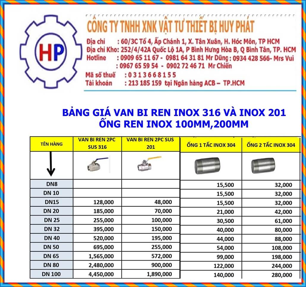 Bảng giá van bi ren inox 316 Bảng giá van bi ren inox 316
