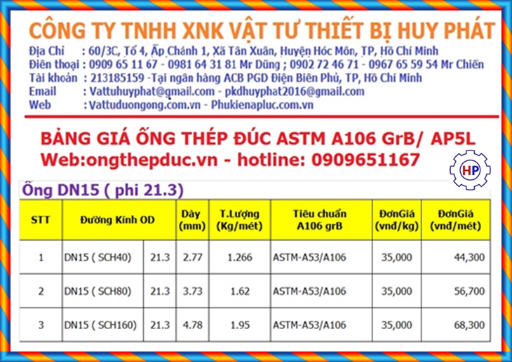 bảng giá ống thép đúc A106 GrB DN15 ( Phi 21) bảng giá ống thép đúc A106 GrB DN15 ( Phi 21)