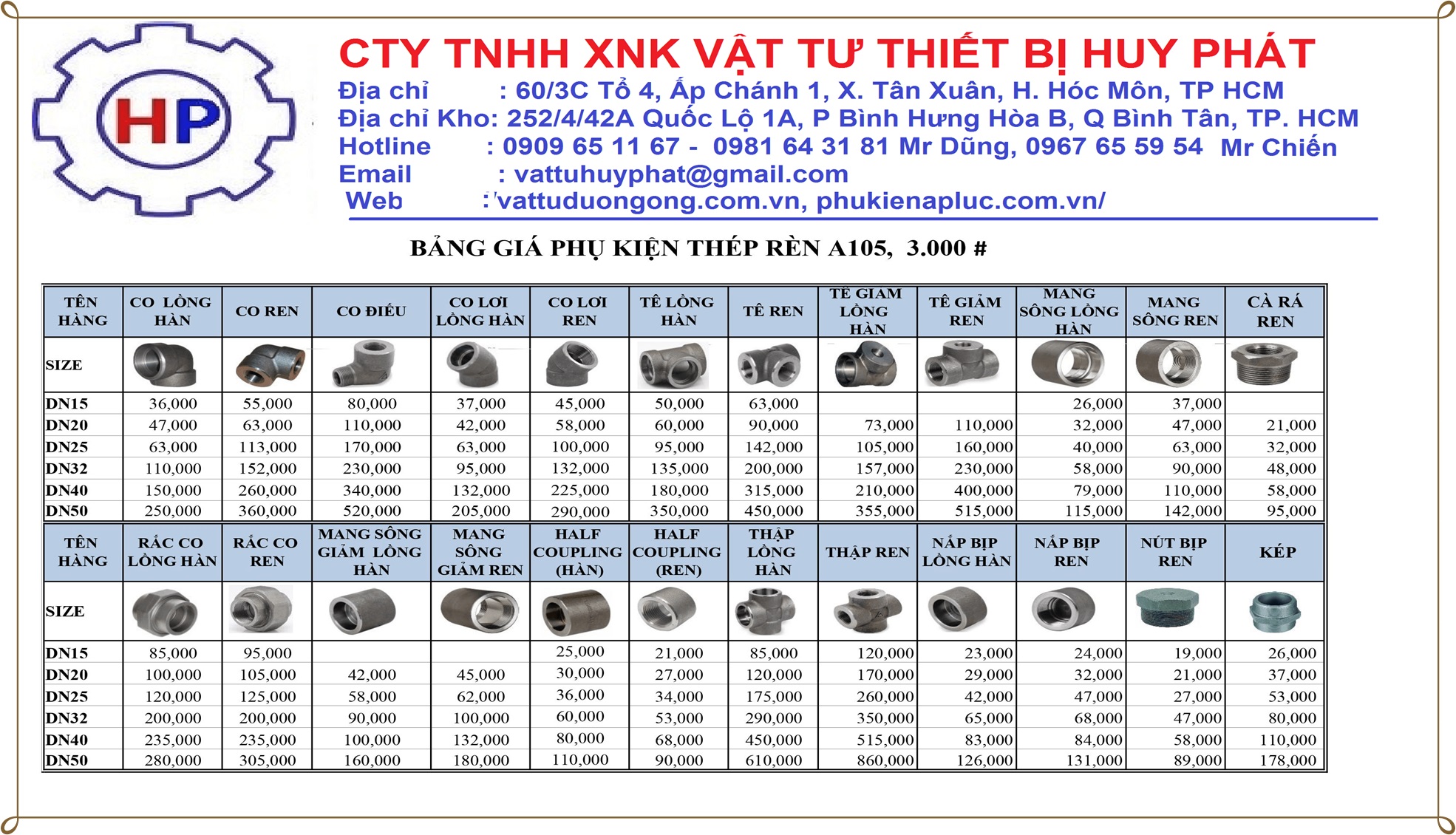 BẢNG GIÁ PHỤ KIỆN ÁP LỰC THÉP REN A105 BẢNG GIÁ PHỤ KIỆN ÁP LỰC THÉP REN A105