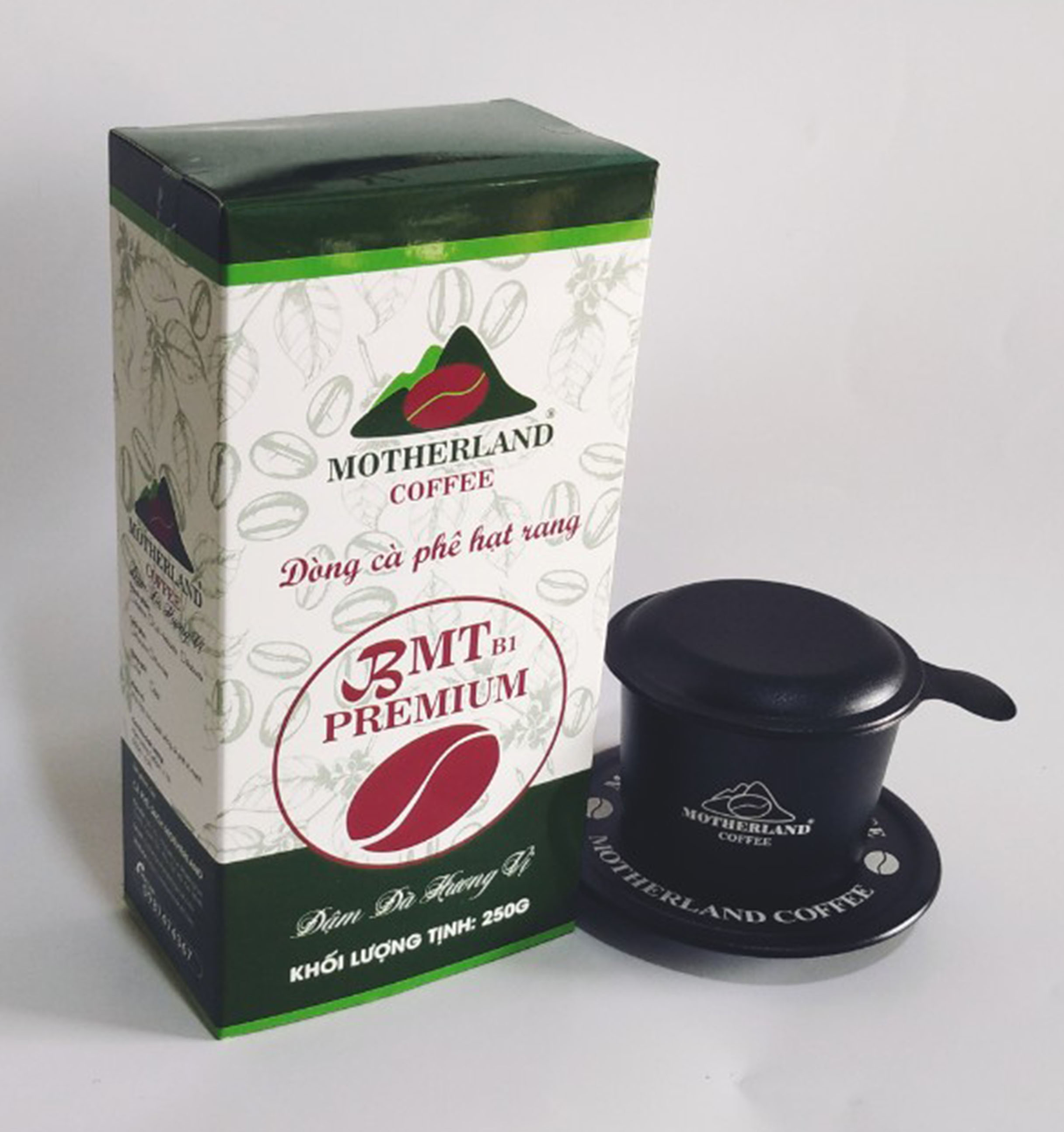 cà phê hạt rang xay nguyên chất motherland hộp 250g và phin pha cà phê màu đen cà phê hạt rang xay nguyên chất motherland hộp 250g và phin pha cà phê màu đen