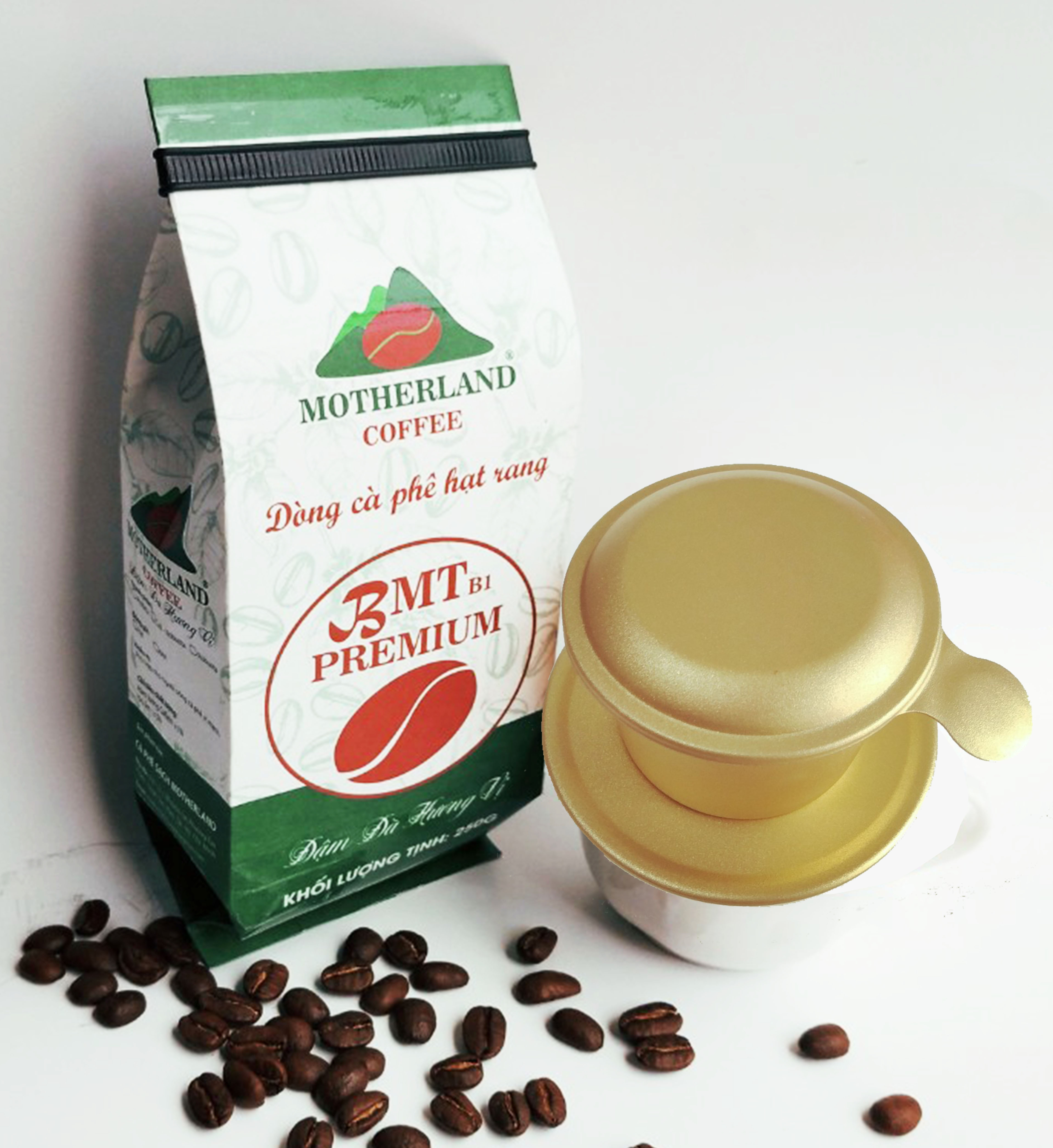 cà phê hạt rang xay nguyên chất Motherland và phin pha cafe màu vàng cà phê hạt rang xay nguyên chất Motherland và phin pha cafe màu vàng
