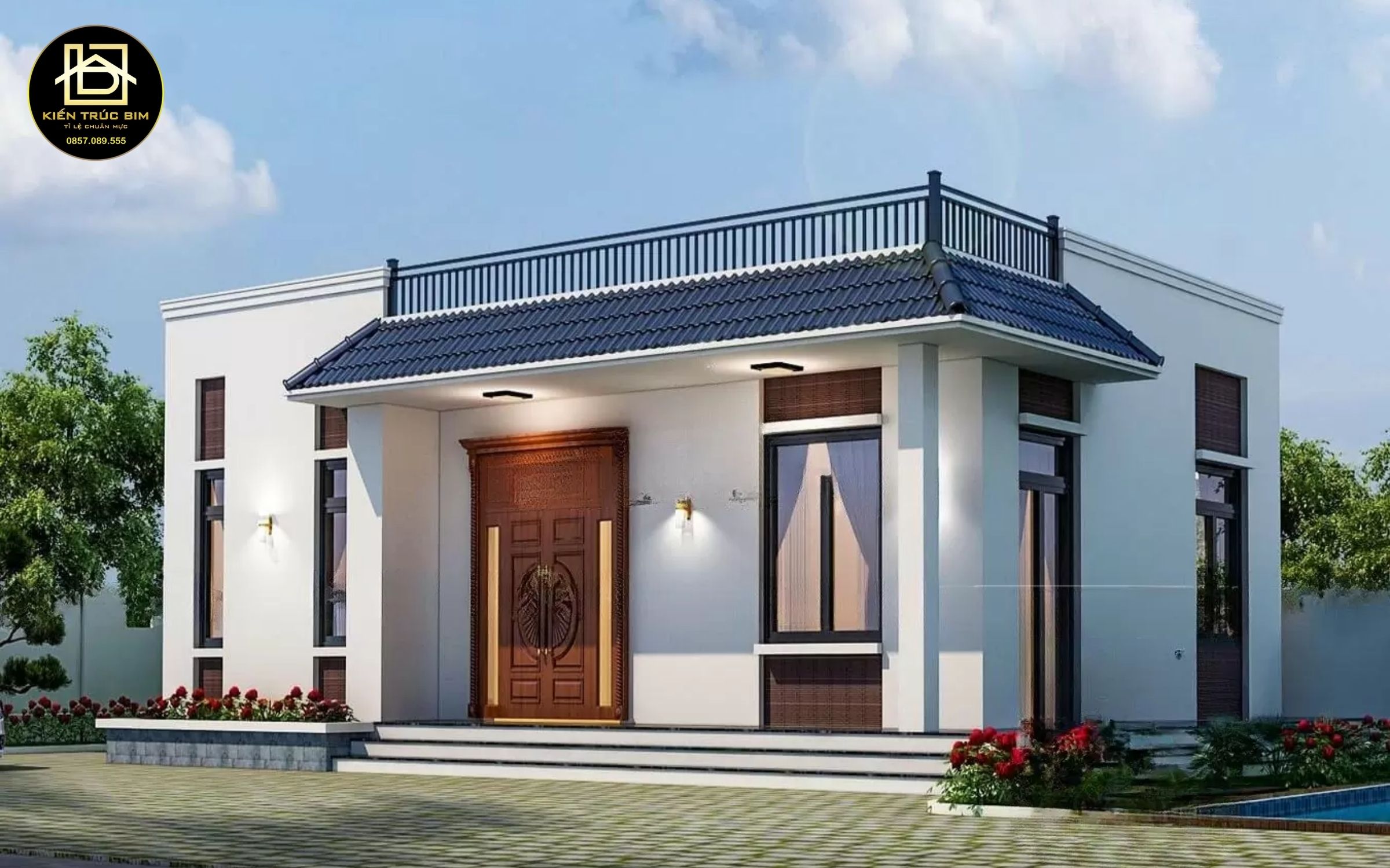 Thiết kế nhà đẹp cấp 4 kết hợp mái bằng và chất liệu gỗ sang trọng