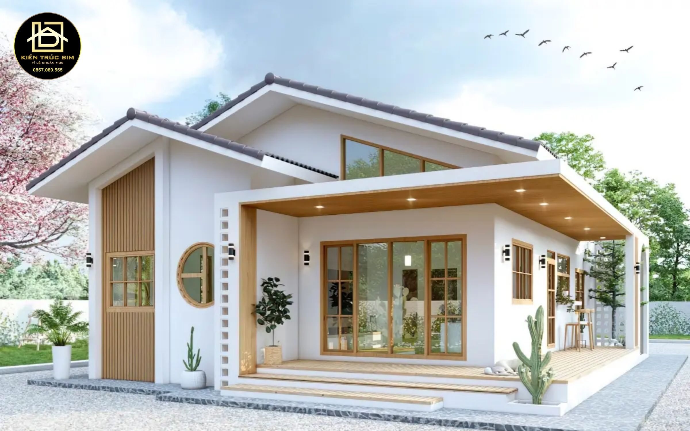 Thiết kế nhà cấp 4 hiện đại với mái lệch, kết hợp cùng kính, gỗ và tường trắng