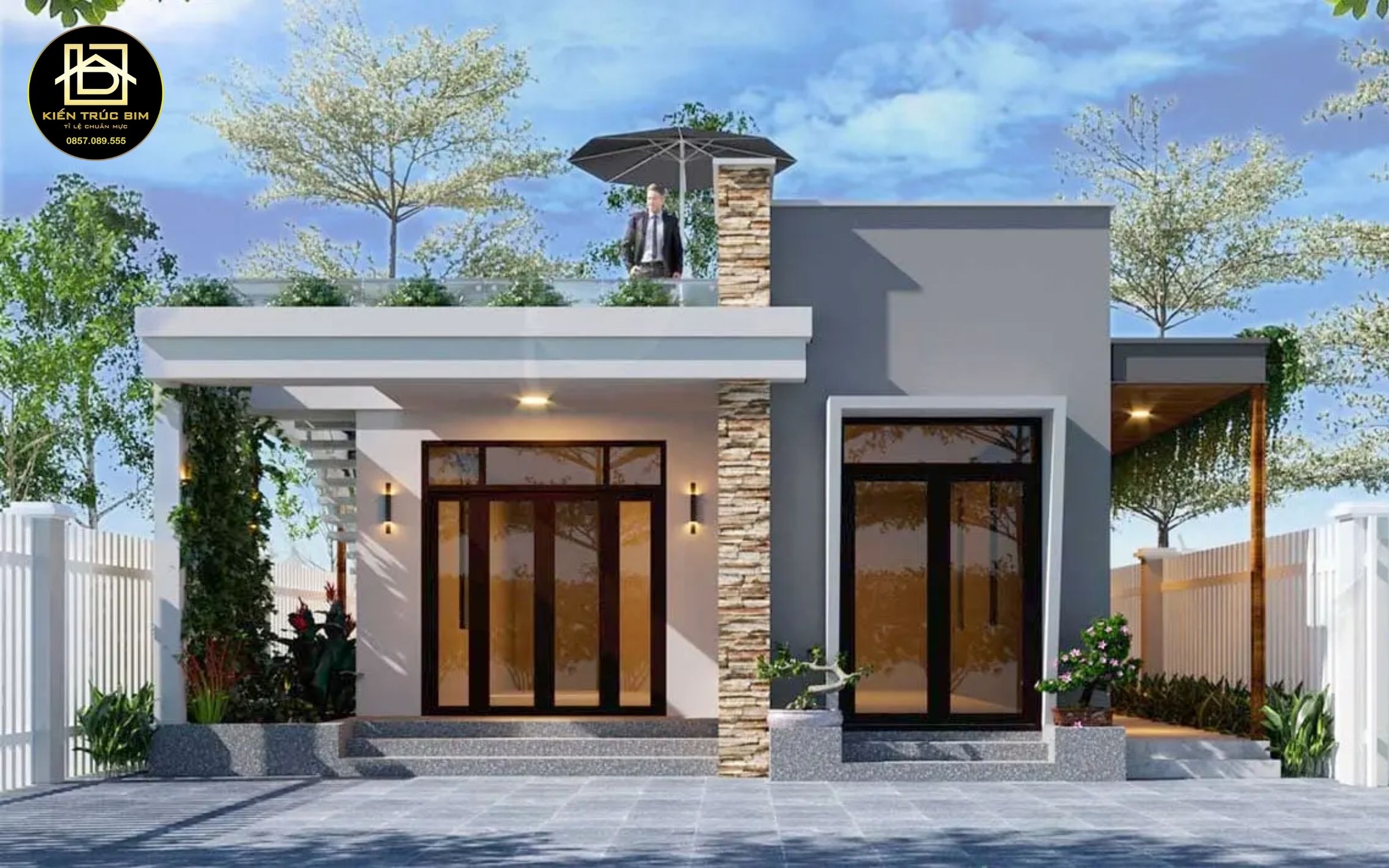 Thiết kế nhà đẹp cấp 4 kết hợp mái bằng và chất liệu gỗ sang trọng