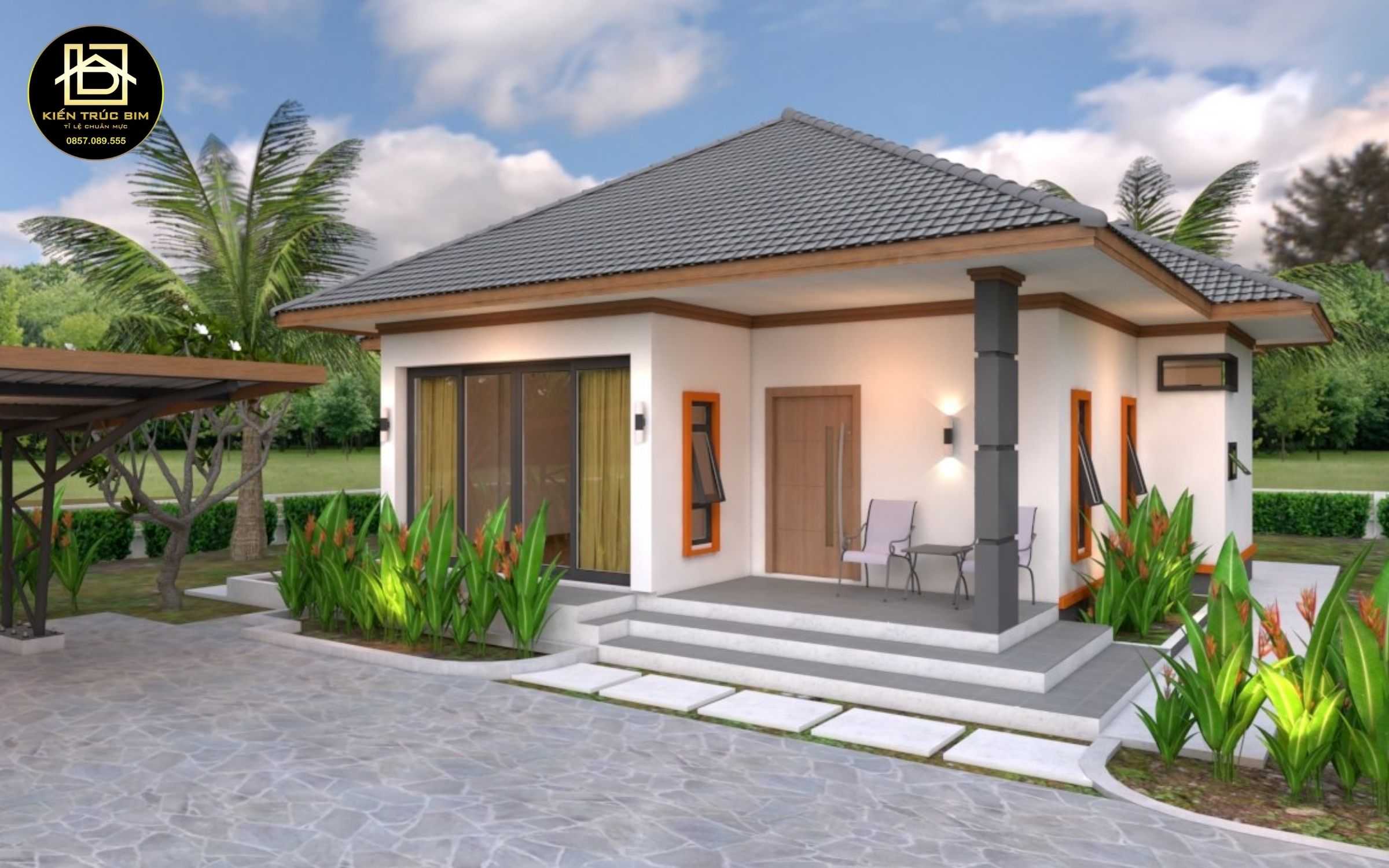 Tân cổ điển kết hợp hiện đại, mang dáng dấp biệt thự sân vườn 1 tầng phù hợp gia đình đa thế hệ