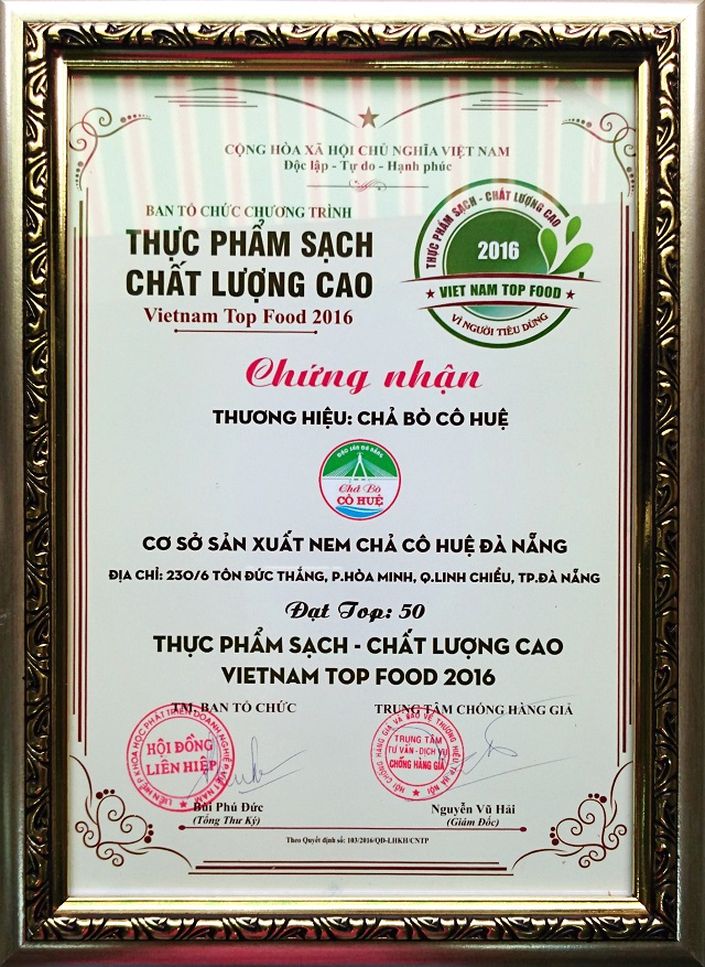 Chứng nhận chả bò Cô Huệ Đà Nẵng