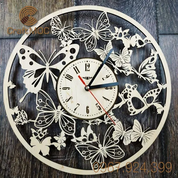 Đồng Hồ Gỗ Khắc Hình Bướm