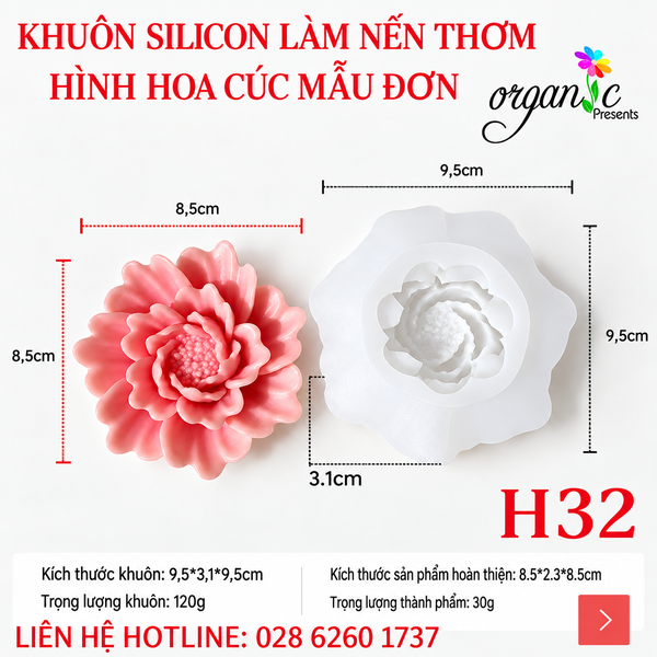 KHUÔN SILICON LÀM NẾN THƠM HÌNH HOA CÚC MẪU ĐƠN (H32)