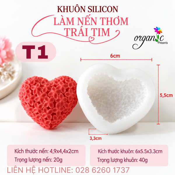 KHUÔN SILICON LÀM NẾN THƠM HÌNH TRÁI TIM PHỦ HOA (T1)