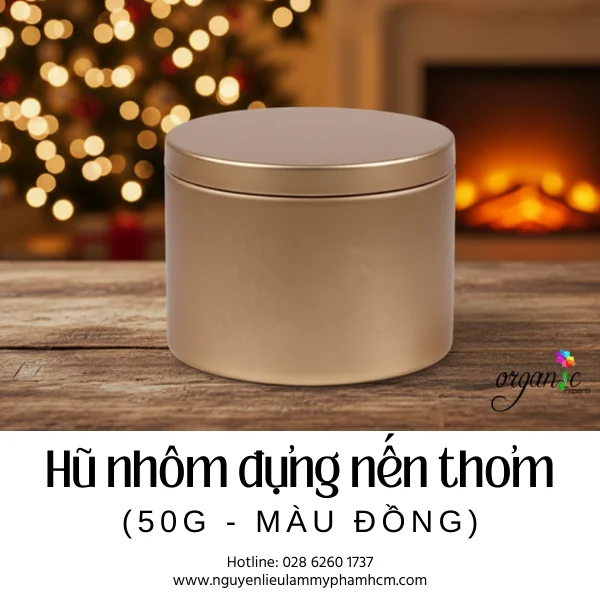 HŨ NHÔM ĐỰNG NẾN THƠM 50G MÀU ĐỒNG (NẮP VÂN GỖ)
