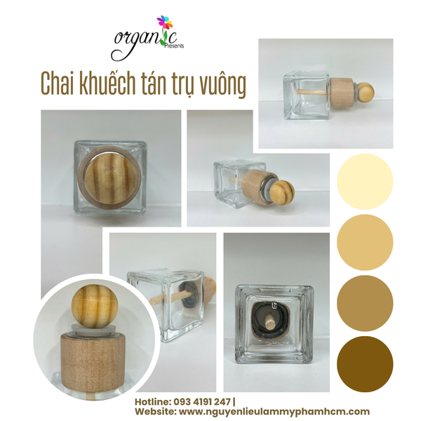 CHAI KHUẾCH TÁN TINH DẦU 50ML (TRỤ VUÔNG TRONG, NẮP GỖ NHỎ KÈM QUE GỖ)