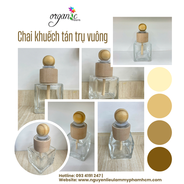 CHAI KHUẾCH TÁN TINH DẦU 50ML (TRỤ VUÔNG TRONG, NẮP GỖ NHỎ KÈM QUE GỖ)