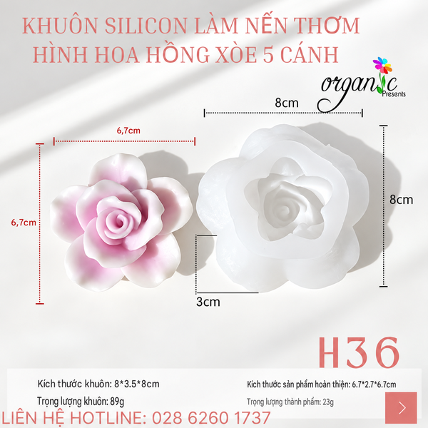 KHUÔN SILICON LÀM NẾN THƠM HÌNH HOA HỒNG XÒE 5 CÁNH (H36)