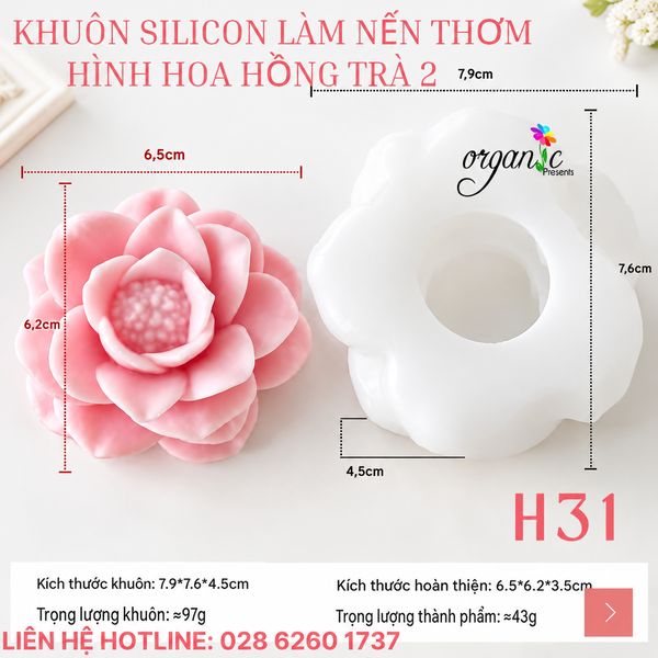 KHUÔN SILICON LÀM NẾN THƠM HÌNH HOA HỒNG TRÀ 2 (H31)