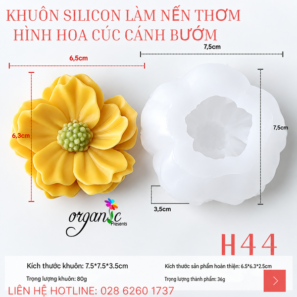 KHUÔN SILICON LÀM NẾN THƠM HÌNH HOA CÚC CÁNH BƯỚM (H44)