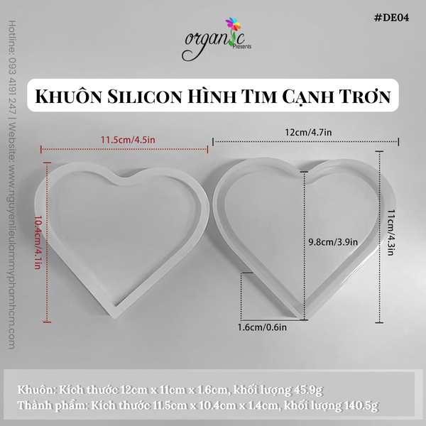 KHUÔN SILICON LÀM ĐẾ LÓT LY (HÌNH TIM CẠNH TRƠN - DE04)