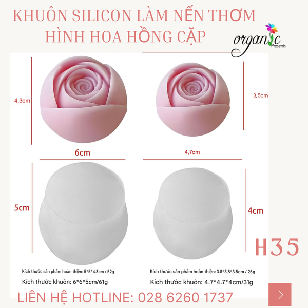 KHUÔN SILICON LÀM NẾN THƠM HÌNH HOA HỒNG CẶP (H35)