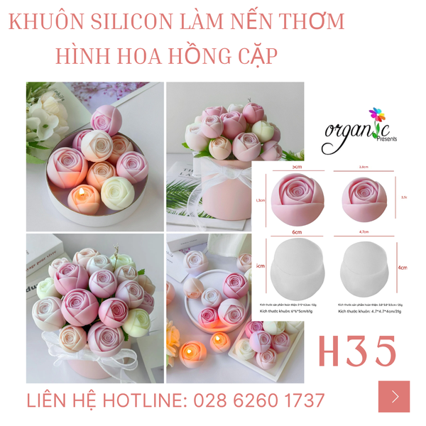 KHUÔN SILICON LÀM NẾN THƠM HÌNH HOA HỒNG CẶP (H35)