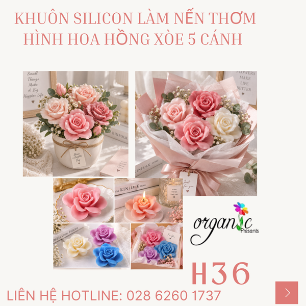 KHUÔN SILICON LÀM NẾN THƠM HÌNH HOA HỒNG XÒE 5 CÁNH (H36)