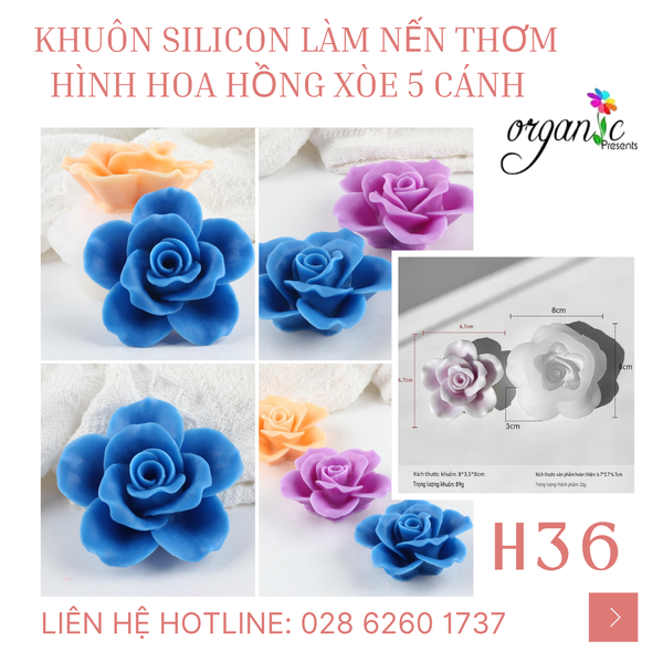 KHUÔN SILICON LÀM NẾN THƠM HÌNH HOA HỒNG XÒE 5 CÁNH (H36)