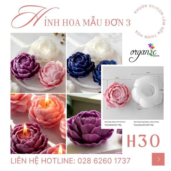 KHUÔN SILICON LÀM NẾN THƠM HÌNH HOA MẪU ĐƠN 3 (H30)