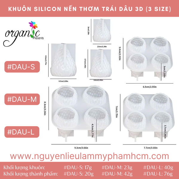 KHUÔN SILICON LÀM NẾN THƠM HÌNH TRÁI DÂU 3D (3 SIZE) (KHUÔN 4 DÂU)