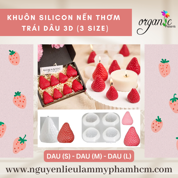 KHUÔN SILICON LÀM NẾN THƠM HÌNH TRÁI DÂU 3D (3 SIZE) (KHUÔN 4 DÂU)