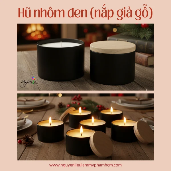 HŨ NHÔM ĐỰNG NẾN THƠM 100G (MÀU ĐEN - NẮP VÂN GỖ)