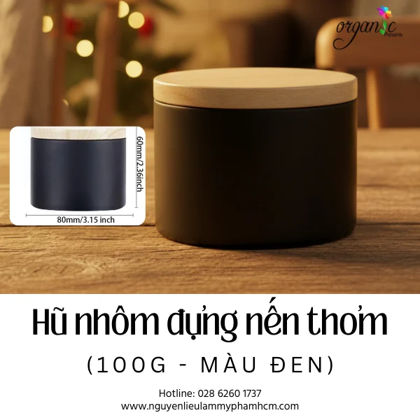 HŨ NHÔM ĐỰNG NẾN THƠM 100G (MÀU ĐEN - NẮP VÂN GỖ)
