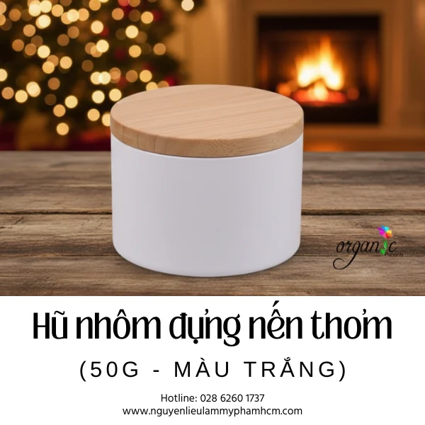 HŨ NHÔM ĐỰNG NẾN THƠM 50G MÀU TRẮNG (NẮP VÂN GỖ)