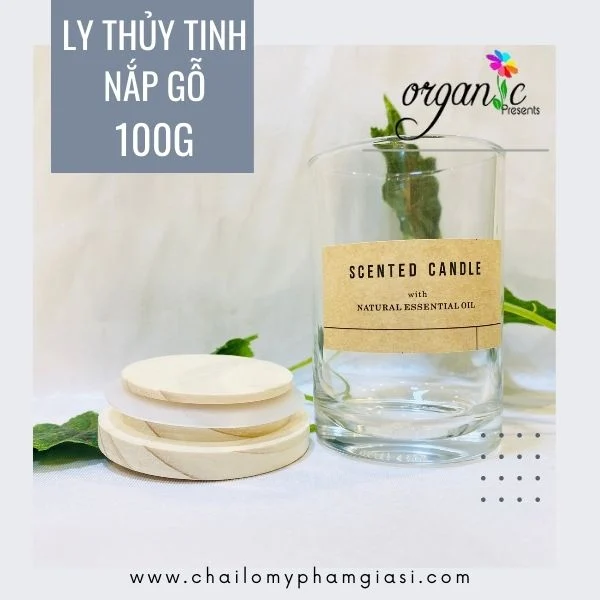 LY THỦY TINH ĐỰNG NẾN THƠM 100G NẮP GỖ ( TẶNG TEM DECAL)