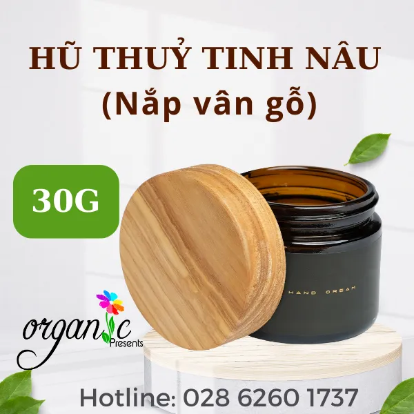 HŨ KEM DƯỠNG THỦY TINH NÂU 30G (NẮP VÂN GỖ)