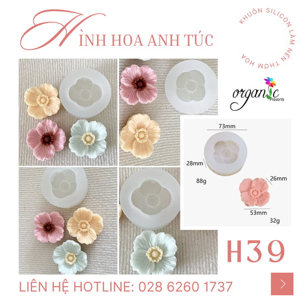 KHUÔN SILICON LÀM NẾN THƠM HÌNH HOA ANH TÚC (H39)
