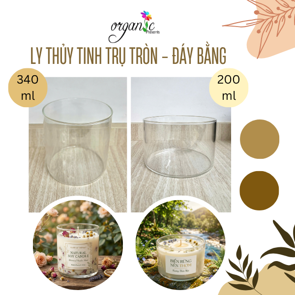 LY THỦY TINH ĐỰNG NẾN THƠM TRỤ TRÒN - ĐÁY BẰNG (LDB) (200ML)
