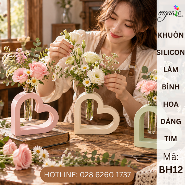 KHUÔN SILICON LÀM THẠCH CAO HÌNH BÌNH HOA DÁNG TIM CÁCH ĐIỆU - KÈM ỐNG NHỰA (BH12)